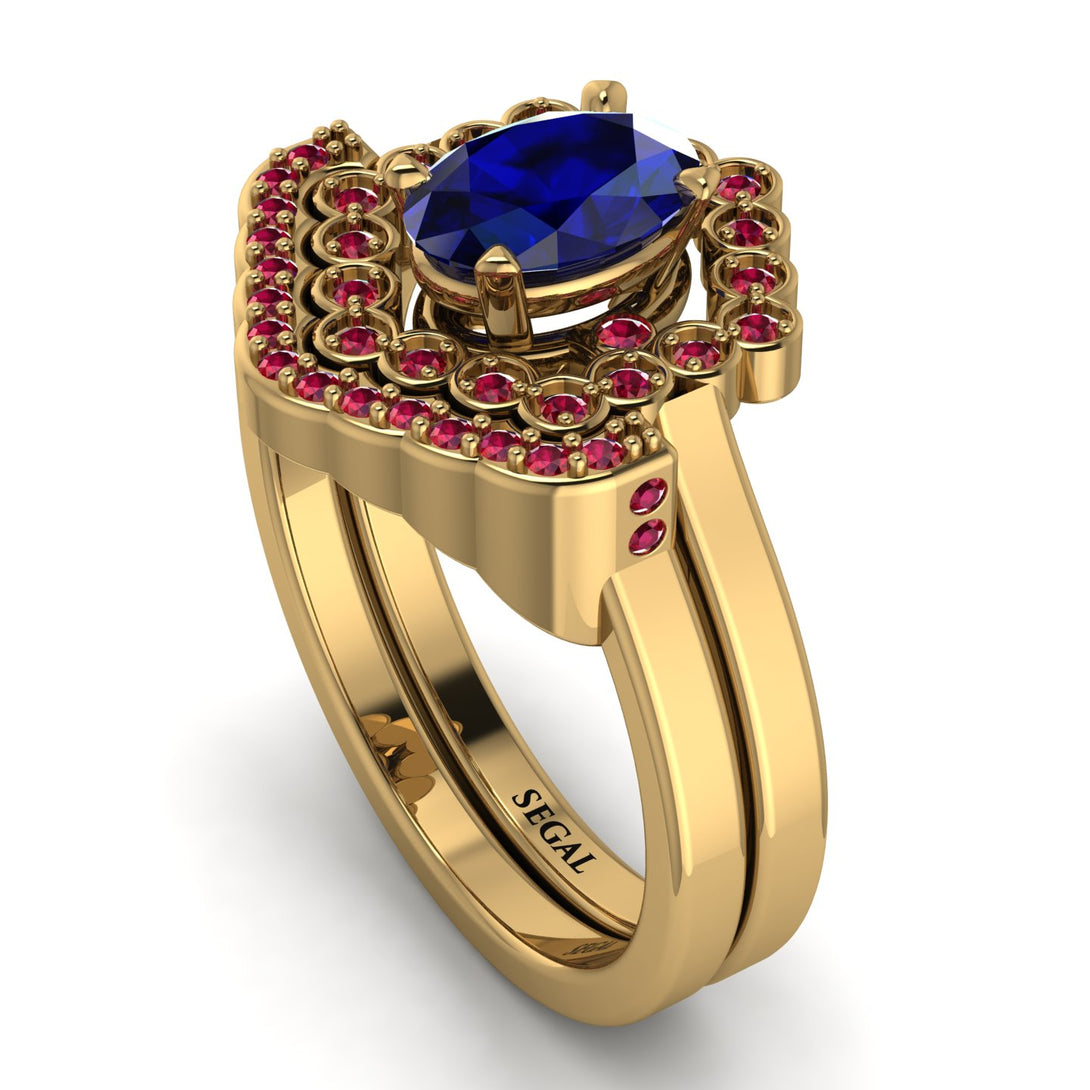 Honeycomb Halo Oval Sapphire Bridal Set - Laura No. 58