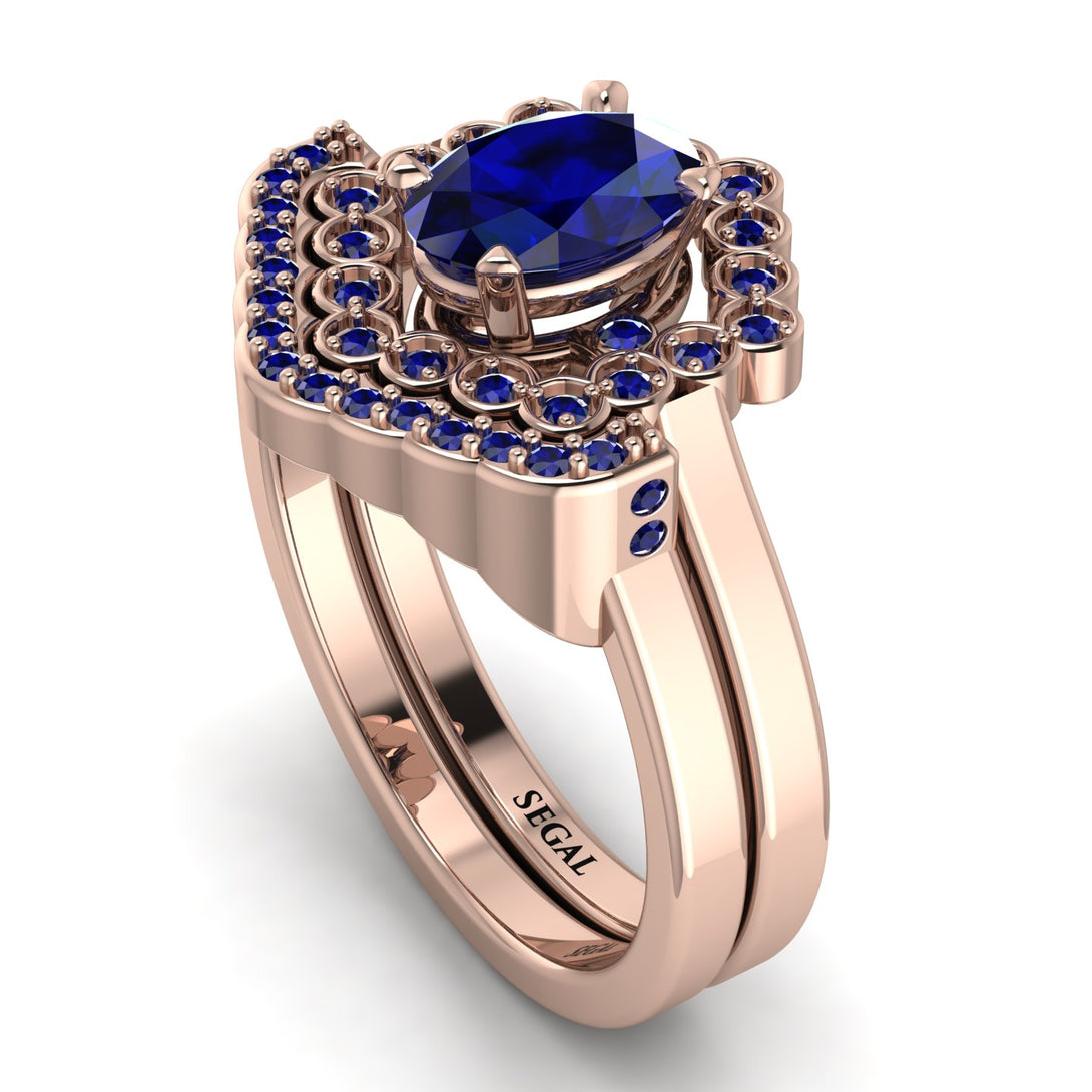 Honeycomb Halo Oval Sapphire Bridal Set - Laura No. 74