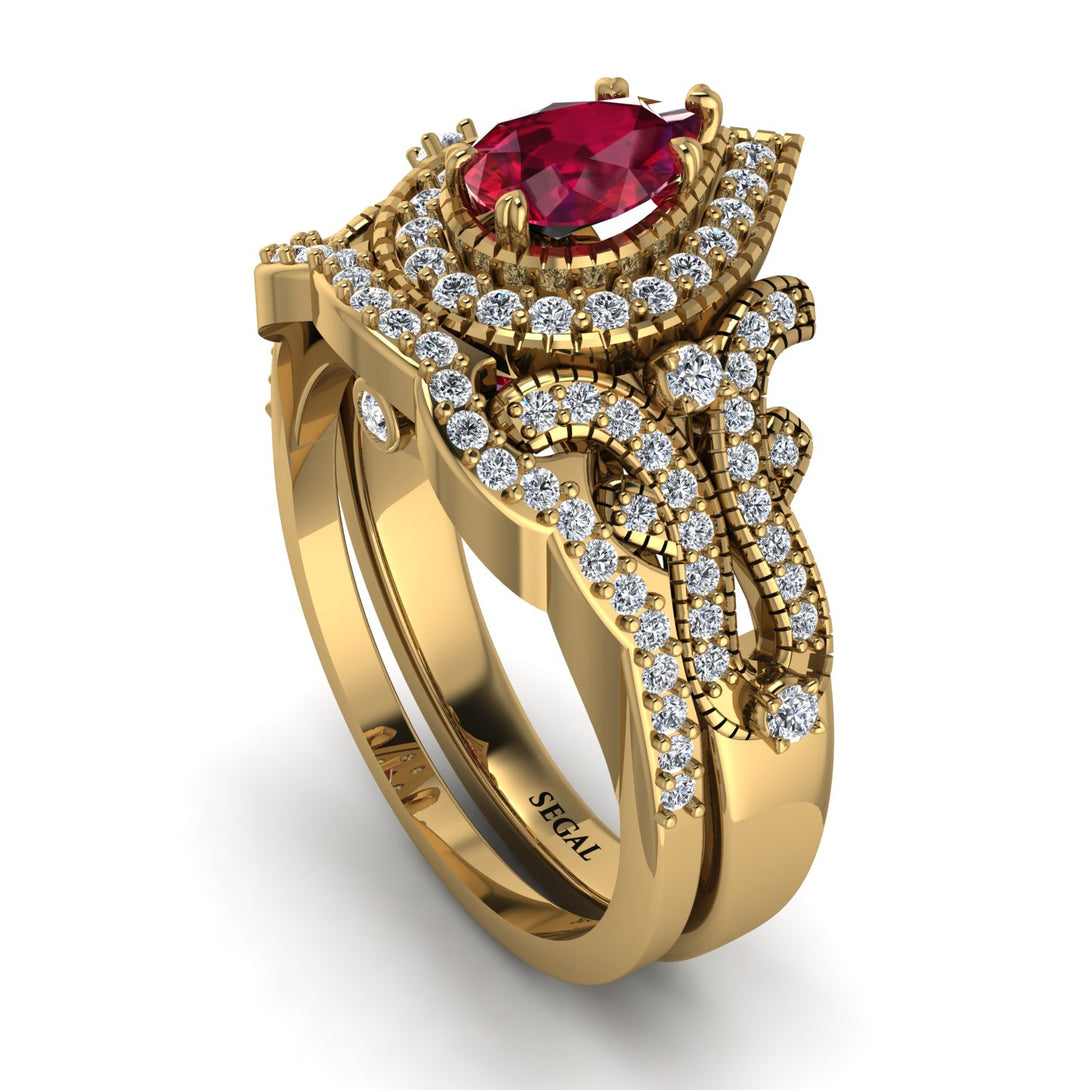 Milgrain Pear Cut Ruby Bridal Set - Lisa No. 10