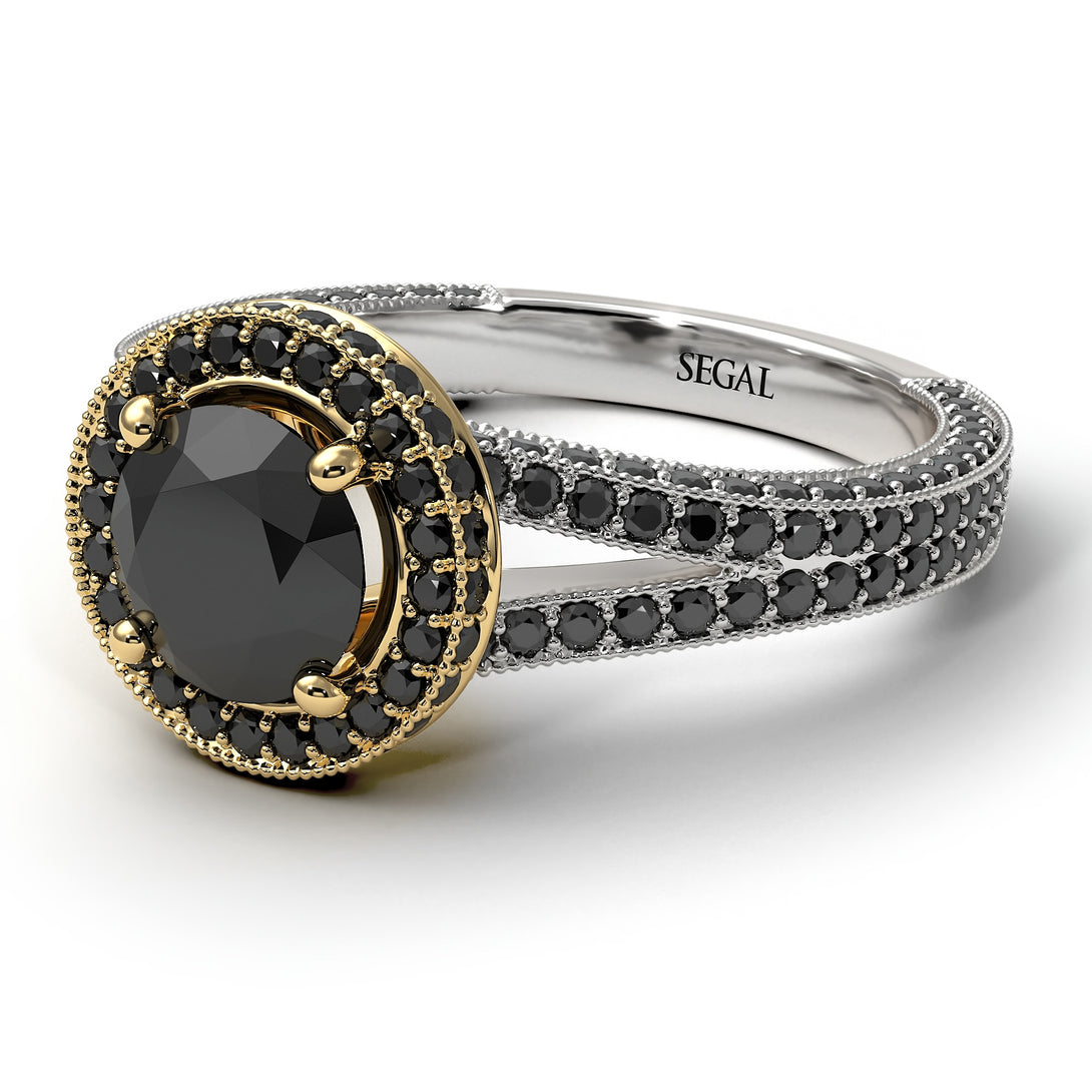 Two Tones Milgrain Round Black Diamond Engagement Ring - Payton No. 80
