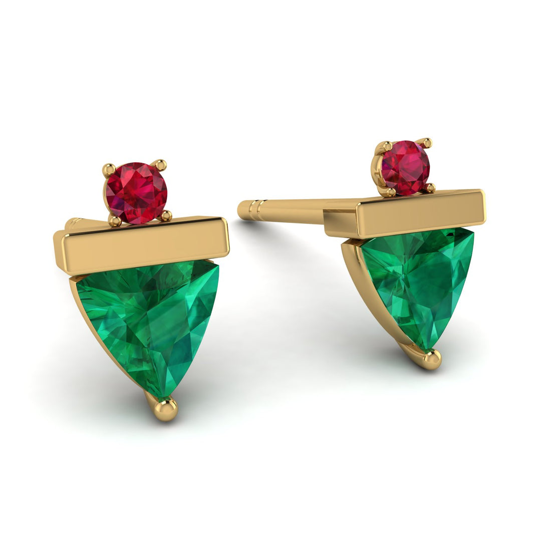 Triangle Emerald Earrings With Round Stone - Estella No. 49