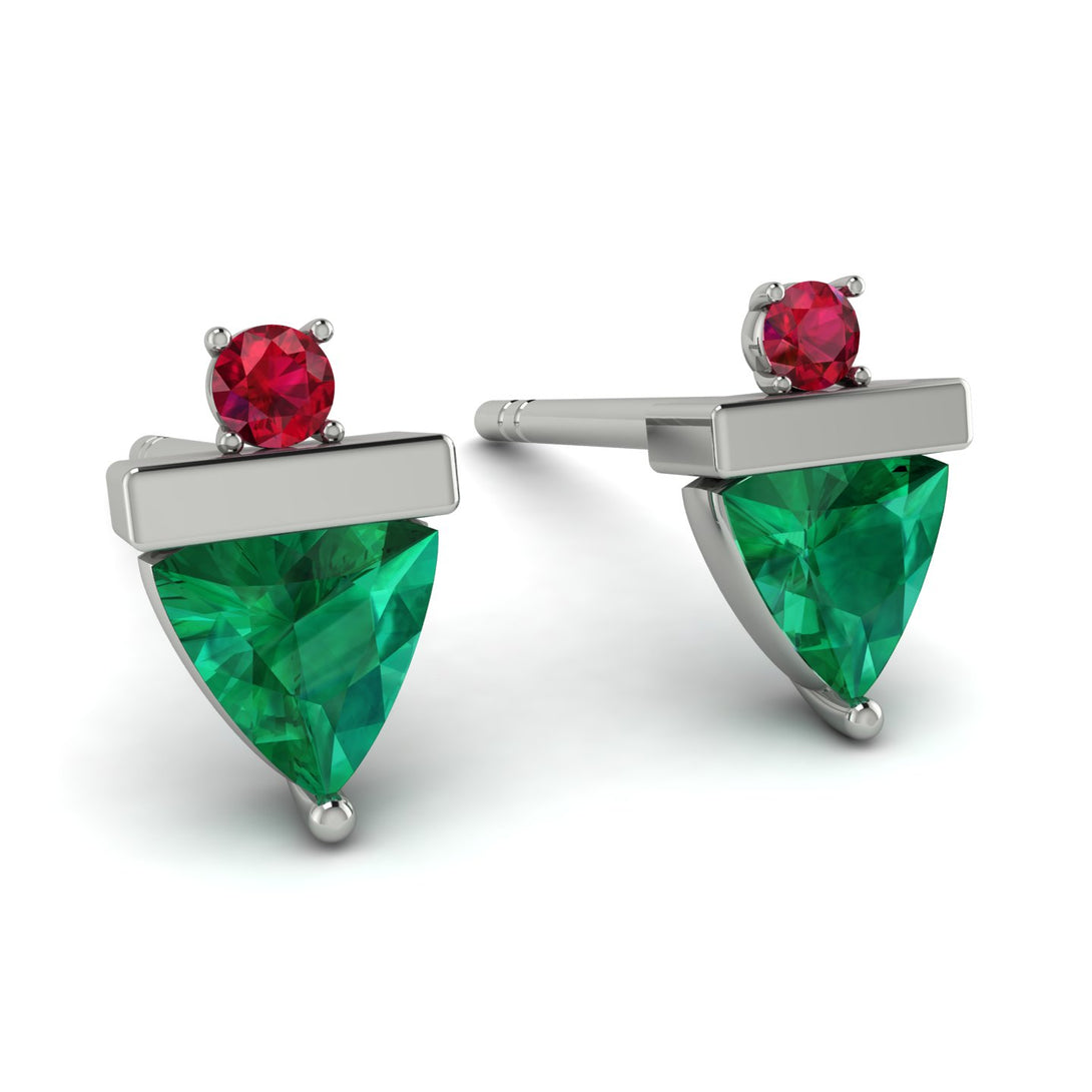 Triangle Emerald Earrings With Round Stone - Estella No. 51