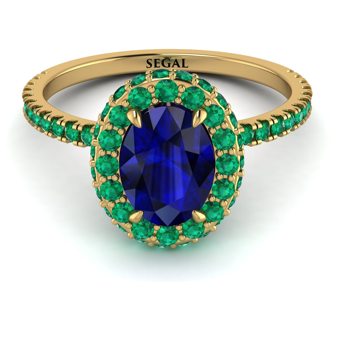 Oval Sapphire Halo Hidden Emeralds Ring - Amy No. 28