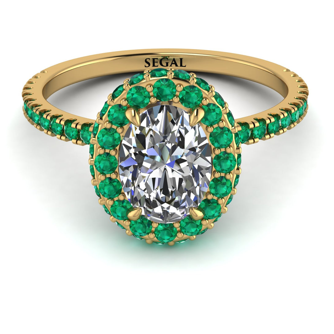 Oval Diamond Halo Hidden Emeralds Ring - Amy No. 16