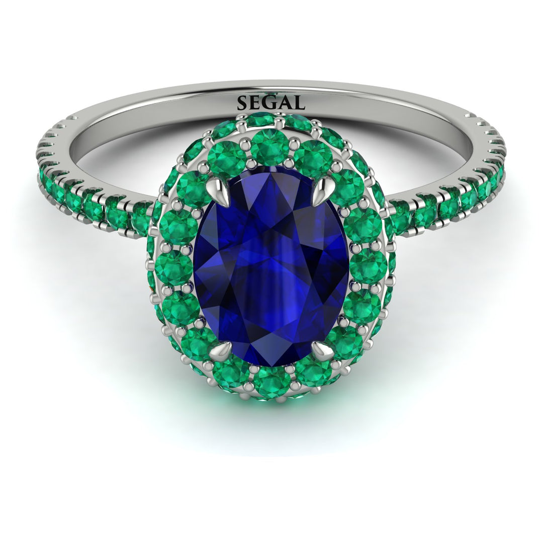 Oval Sapphire Halo Hidden Emeralds Ring - Amy No. 30