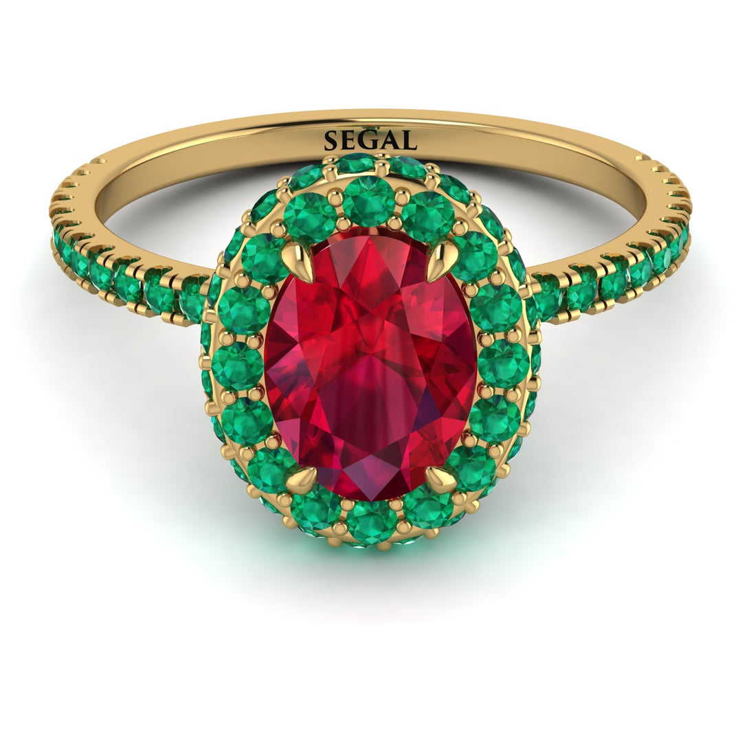 Oval Ruby Halo Hidden Emeralds Ring - Amy No. 25