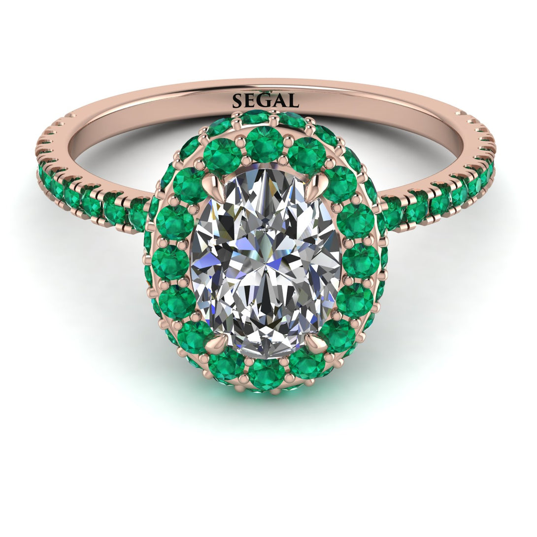 Oval Diamond Halo Hidden Emeralds Ring - Amy No. 17