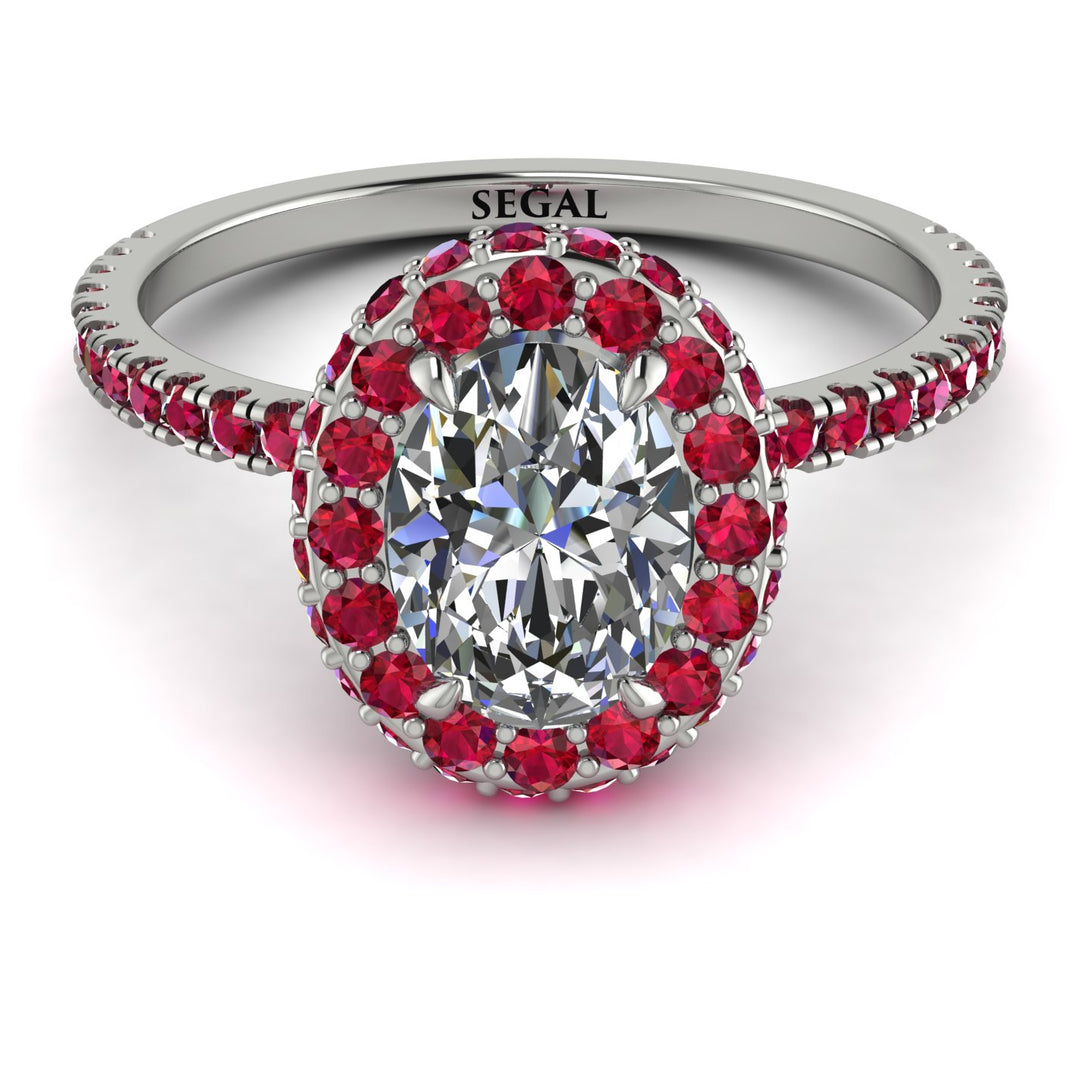 Oval Diamond Halo Hidden Rubies Ring - Amy No. 48