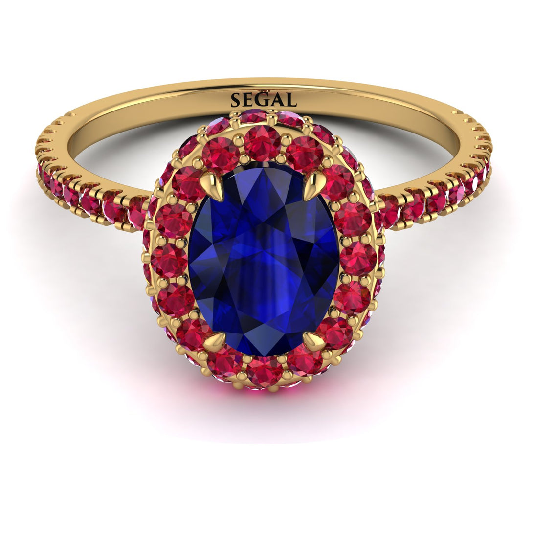 Oval Sapphire Halo Hidden Rubies Ring - Amy No. 58