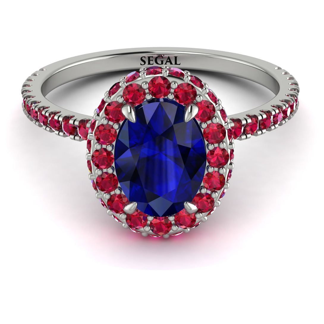Oval Sapphire Halo Hidden Rubies Ring - Amy No. 60