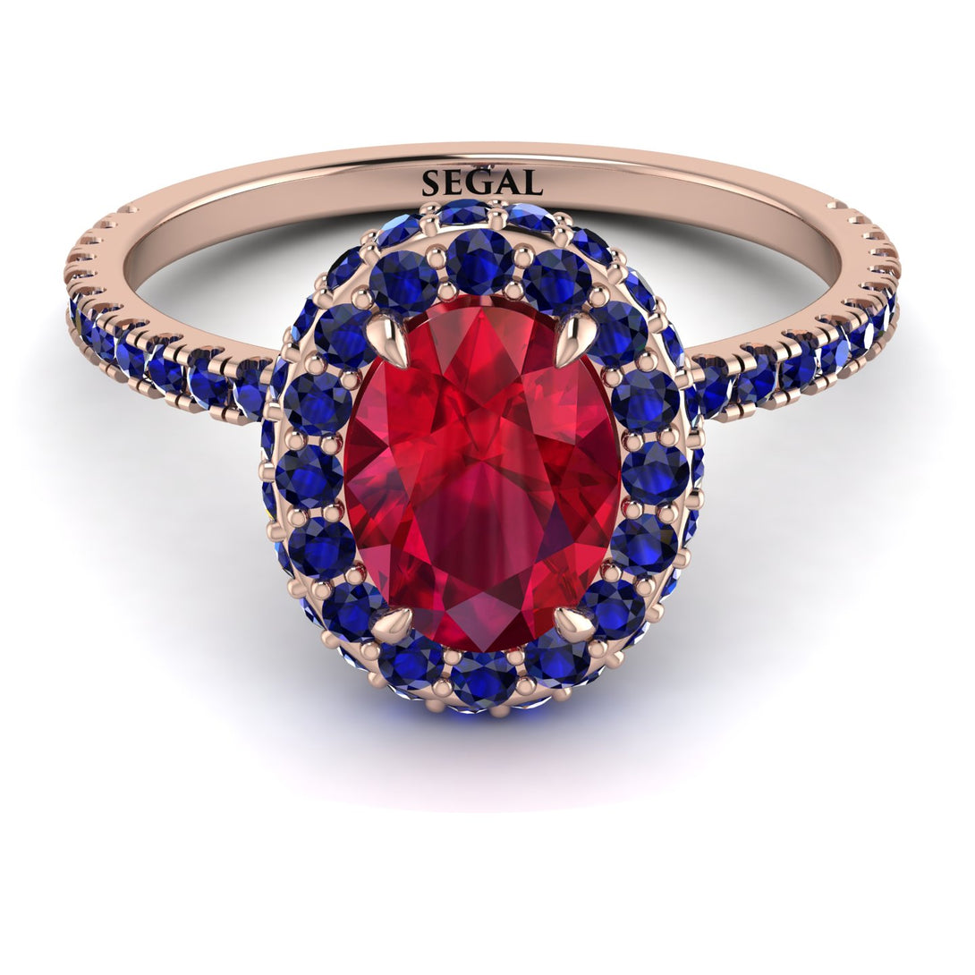 Oval Ruby Halo Hidden Sapphires Ring - Amy No. 71