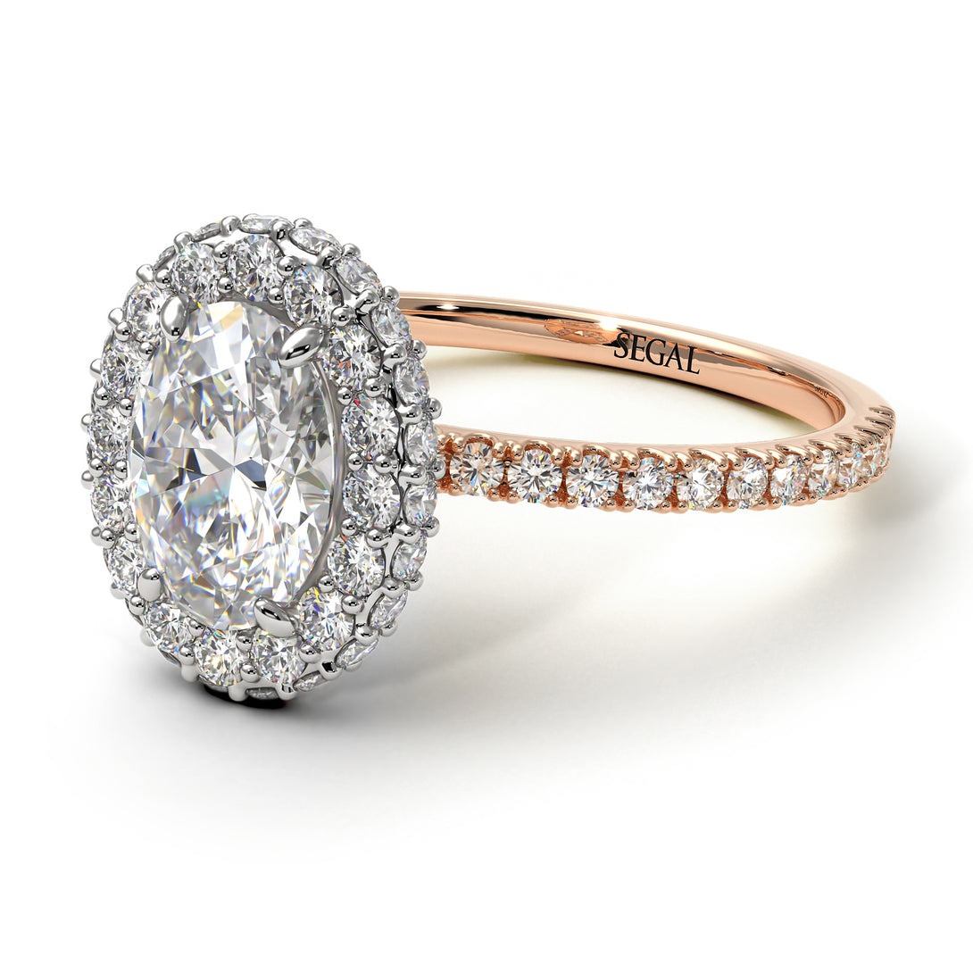 Two Tones Oval Diamond Halo Hidden Diamonds Ring - Amy No. 78