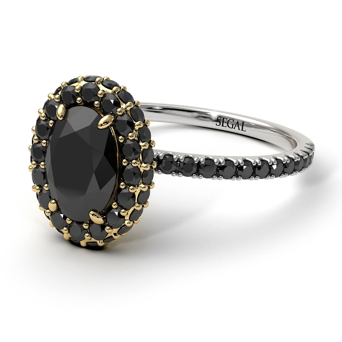 Two Tones Oval Black Diamond Halo Hidden Diamonds Ring - Amy No. 80