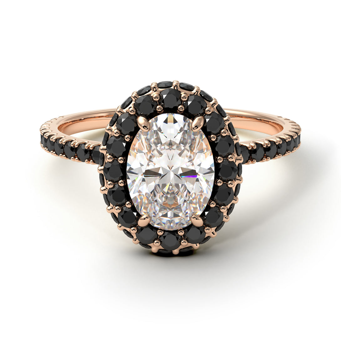 Oval Diamond Halo Hidden Black Diamonds Ring - Amy No. 32