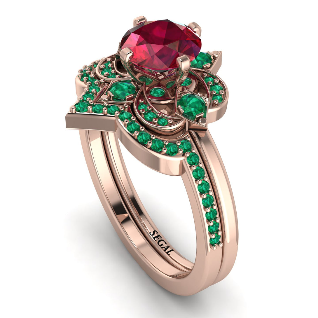 Unique Bloom Halo Ruby Bridal Set - Amanda No. 26