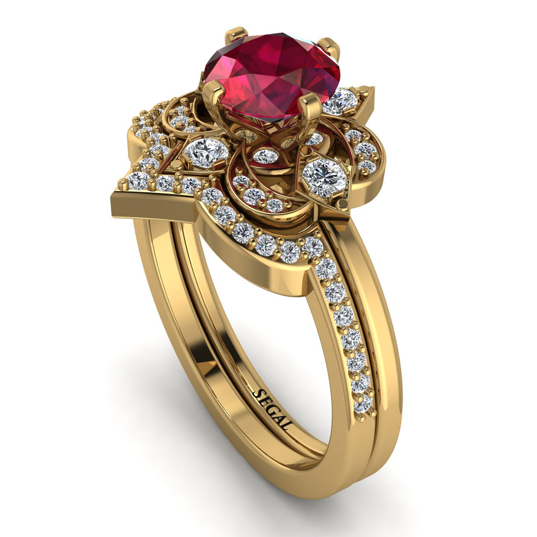Unique Bloom Halo Ruby Bridal Set - Amanda No. 10
