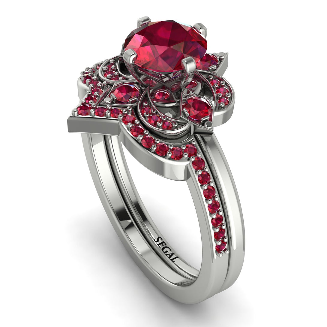 Unique Bloom Halo Ruby Bridal Set - Amanda No. 57