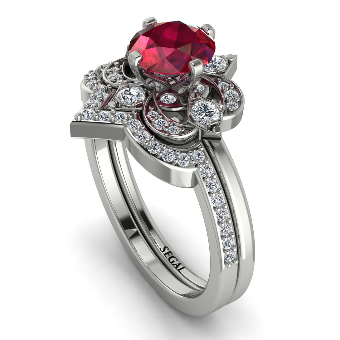 Unique Bloom Halo Ruby Bridal Set - Amanda No. 12