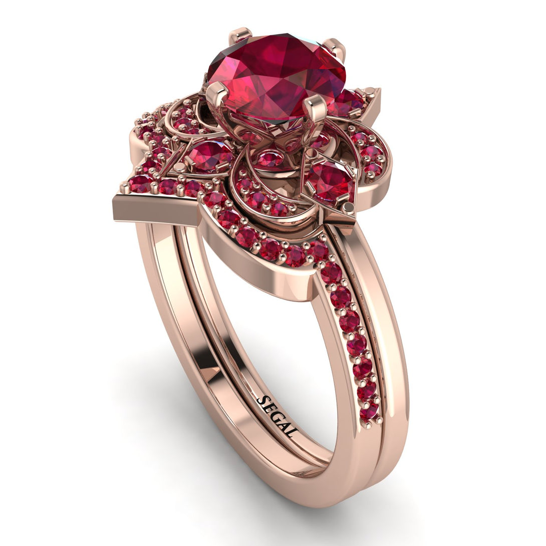 Unique Bloom Halo Ruby Bridal Set - Amanda No. 56
