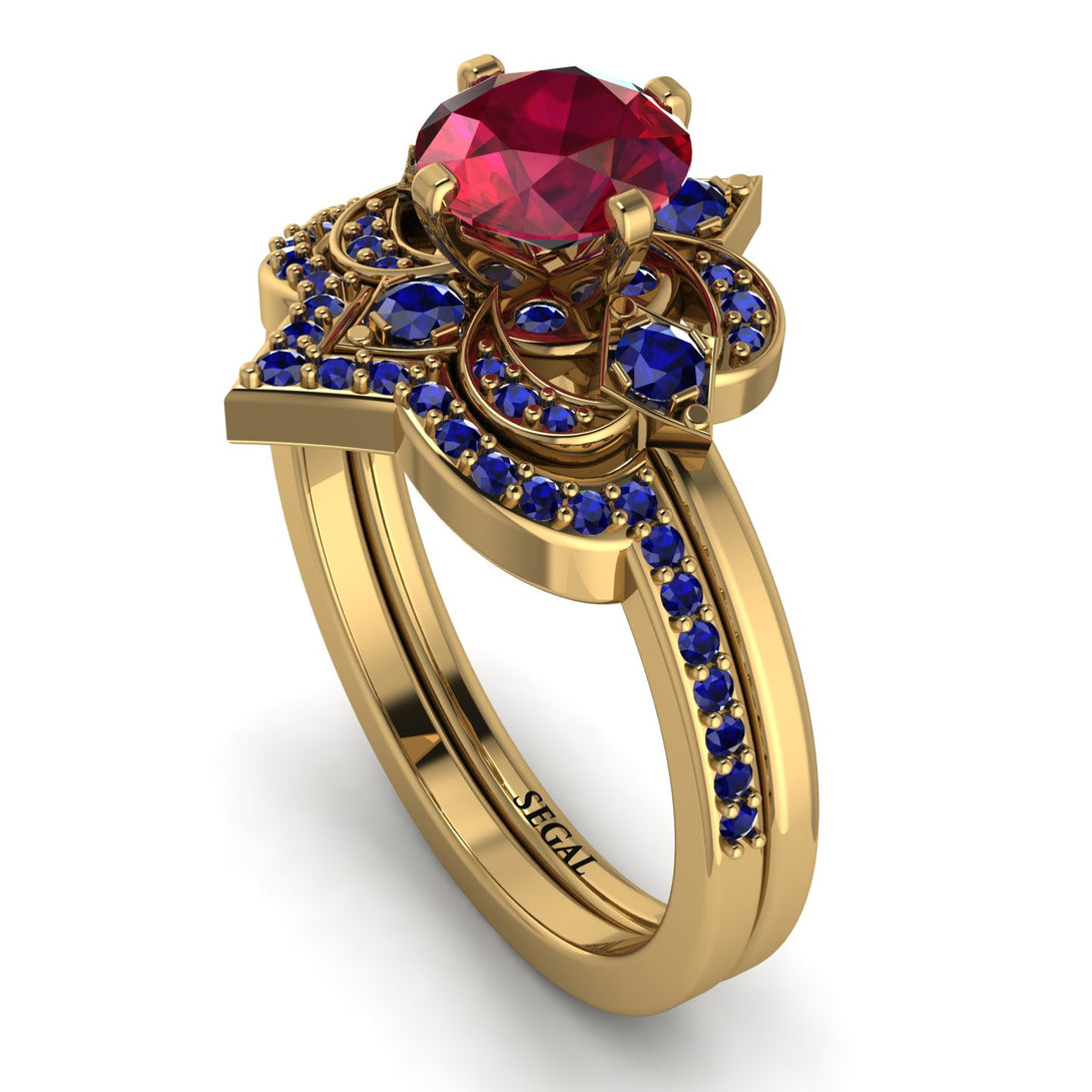 Unique Bloom Halo Ruby Bridal Set - Amanda No. 70