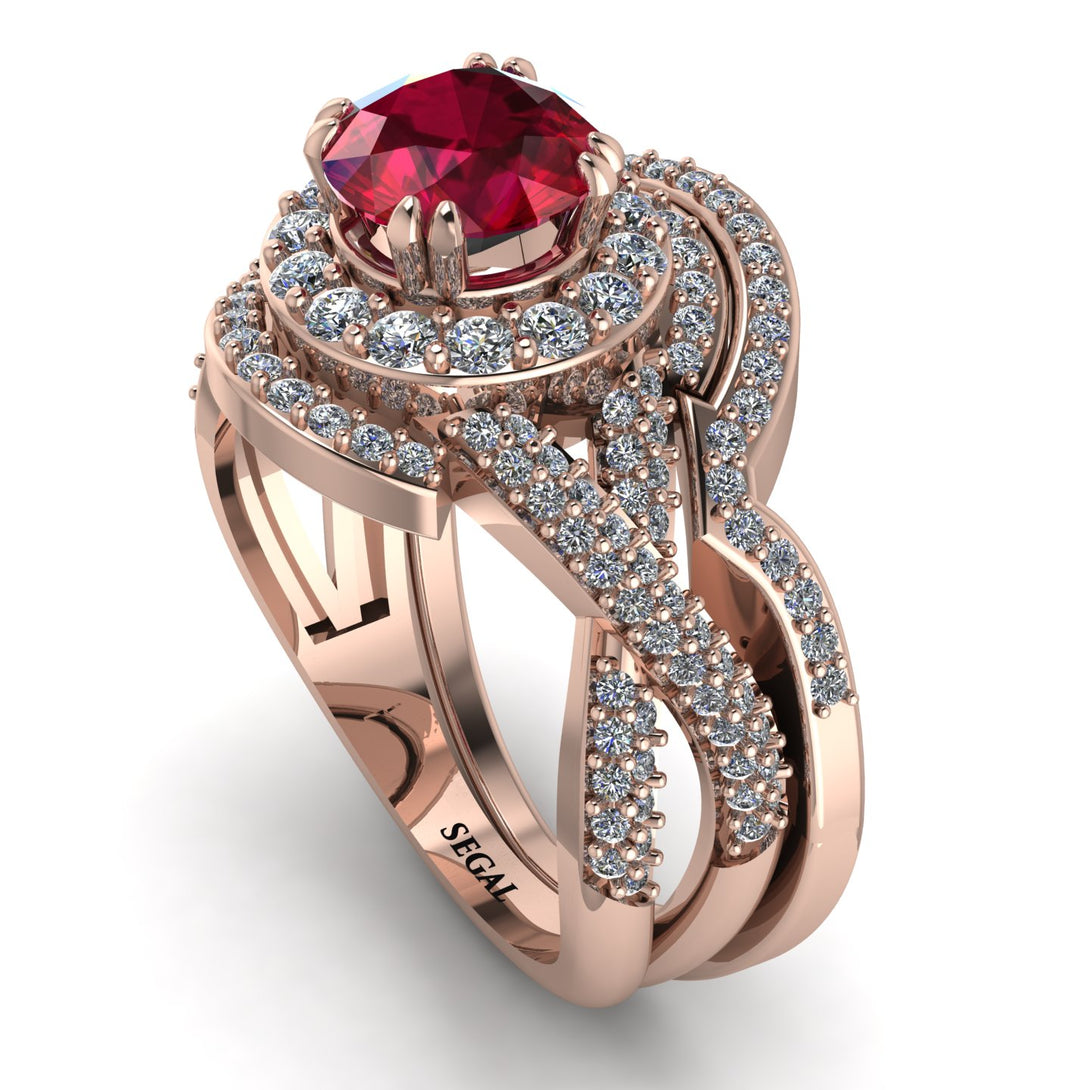 Unique Ruby Halo Bridal Set - Jessica No. 11