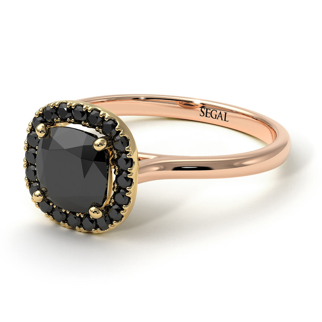 Two Tones Vintage Classic Halo Cushion Black Diamond Ring - Skylar No. 79
