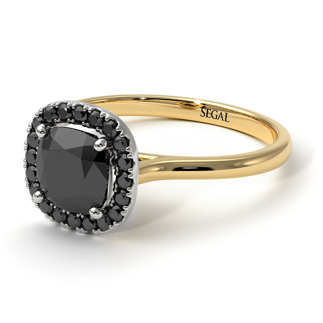 Two Tones Vintage Classic Halo Cushion Black Diamond Ring - Skylar No. 80