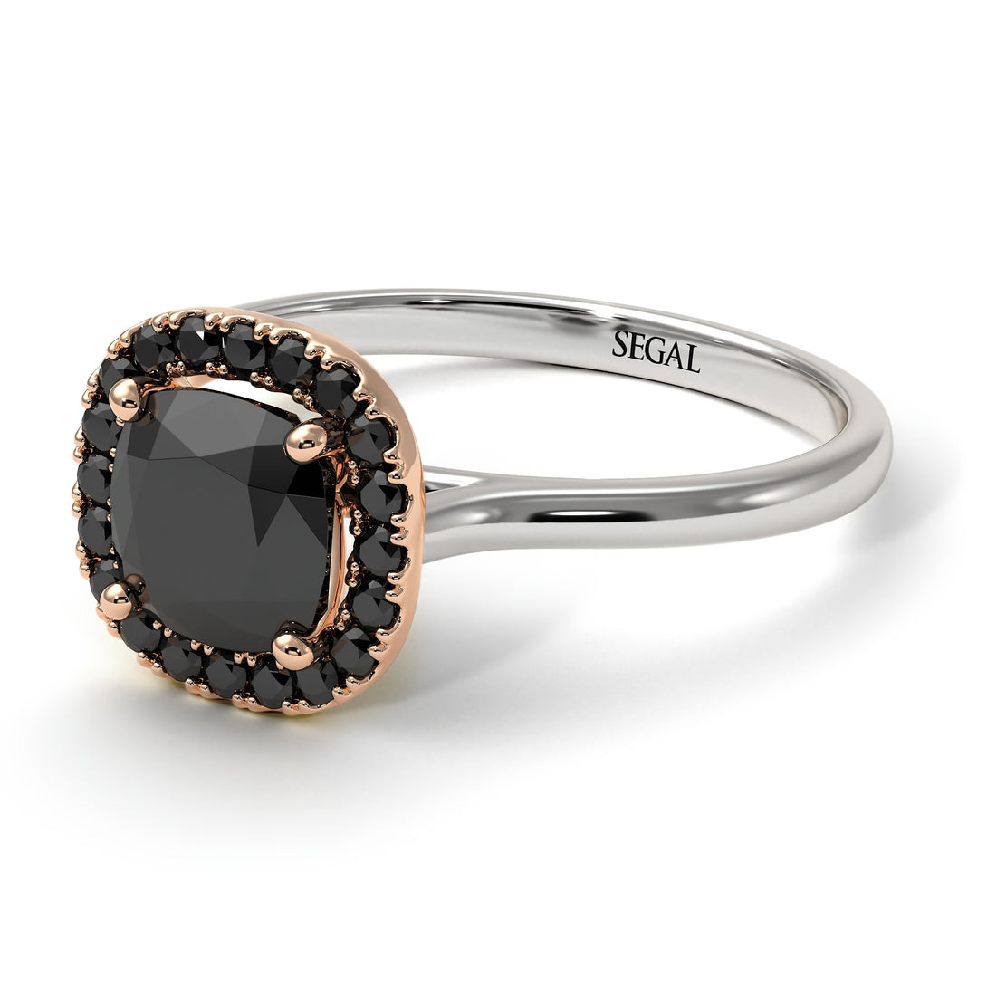Two Tones Vintage Classic Halo Cushion Black Diamond Ring - Skylar No. 81
